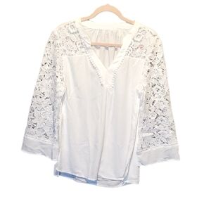 White Pullover Blouse Tops‎ Sheer Floral Lace Sleeves Large NWOT